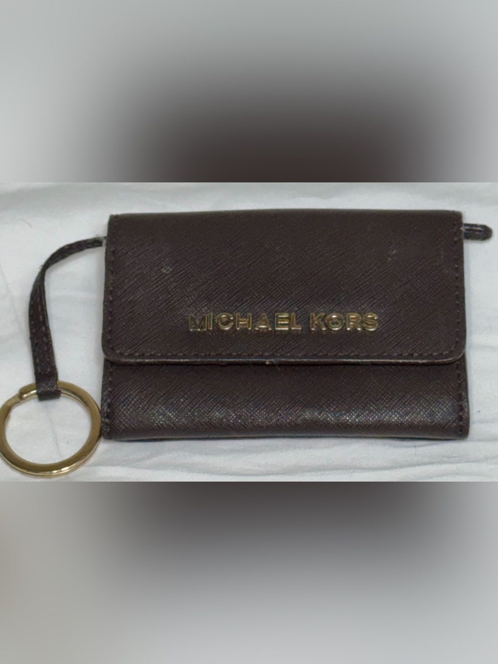 Michael Kors Jet Set Saffiano Coin Pouch ID Holder Keychain Brown Gold